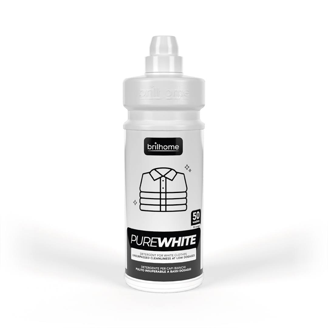 "Pure White" baltų drabužių skalbimo priemonė. Giliai įsiskverbia į audinio pluoštą, išvalo nešvarumus. 1000ml.