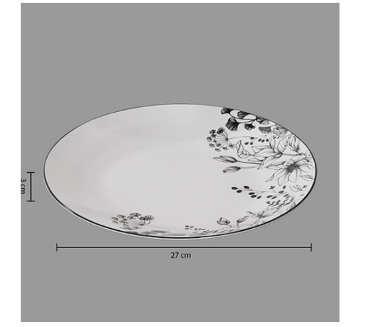 Balta lėkštė su juodomis gėlėmis