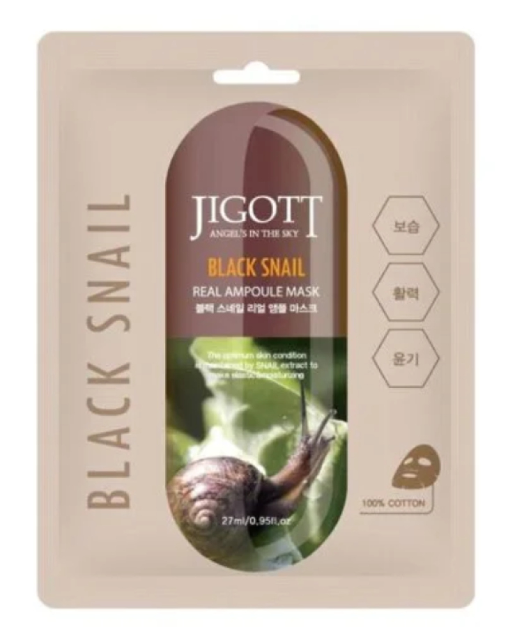 Jigott Black Snail Real Ampoule lakštinė veido kaukė su sraigių mucinu, 27 ml