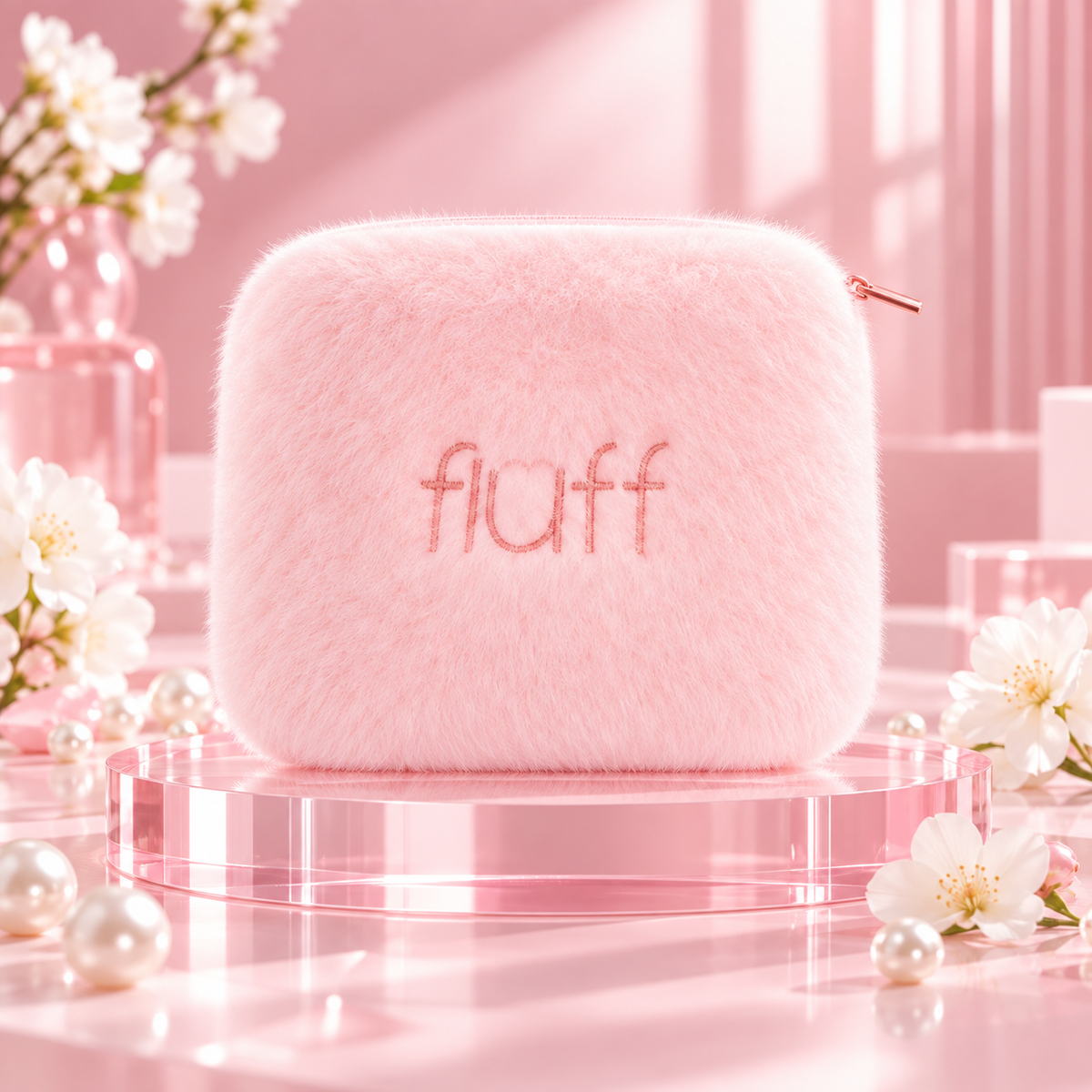 FLUFF rožinė  pūkuota kosmetinė M