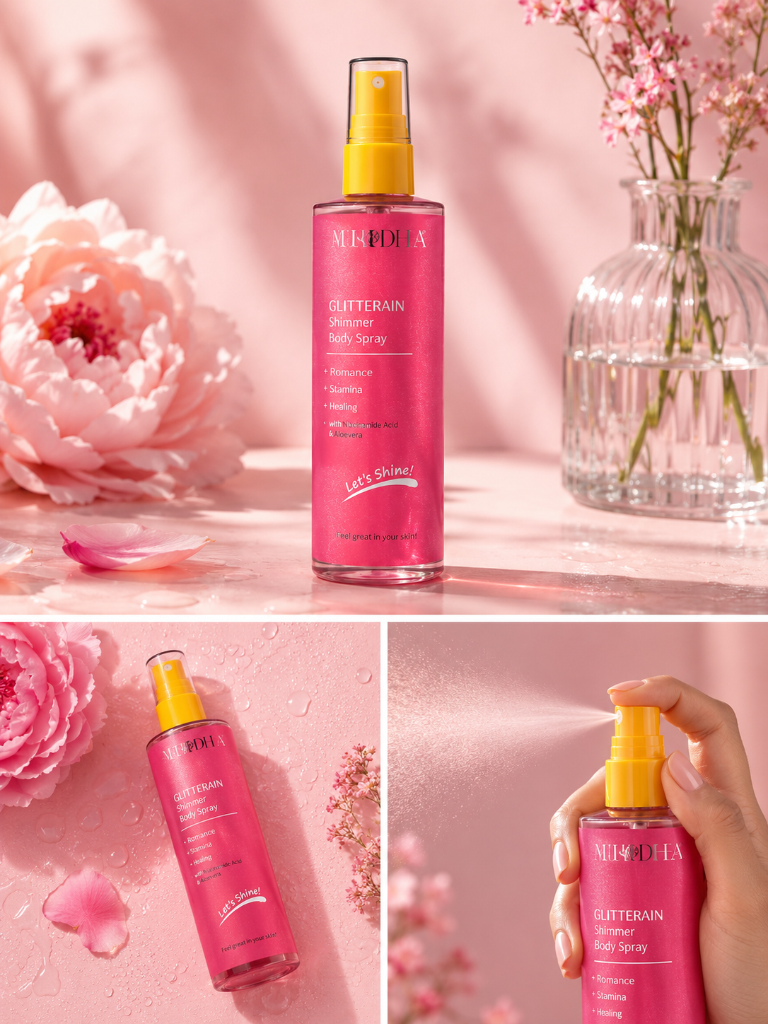 Glitterain " Shimmer Body Spray" - blizgantis kūno purškiklis, praturtintas hialiurono rūgštimi