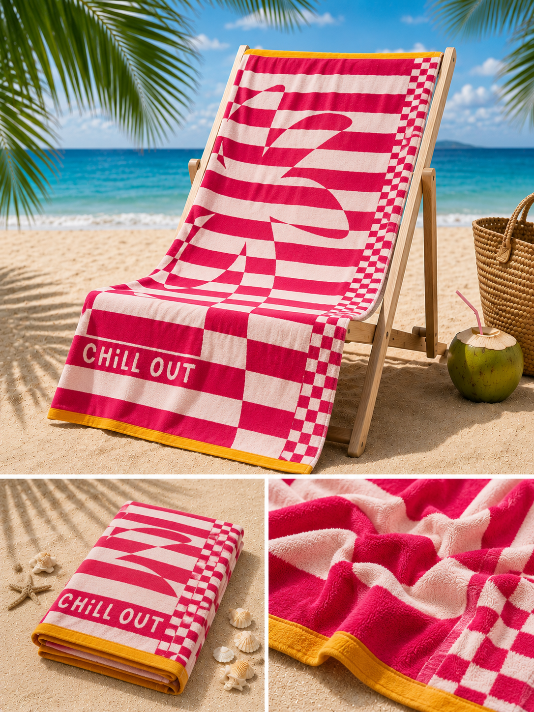 Paplūdimio rankšluostis "Chill Out" rožinės spalvos. Dydis 100x160.