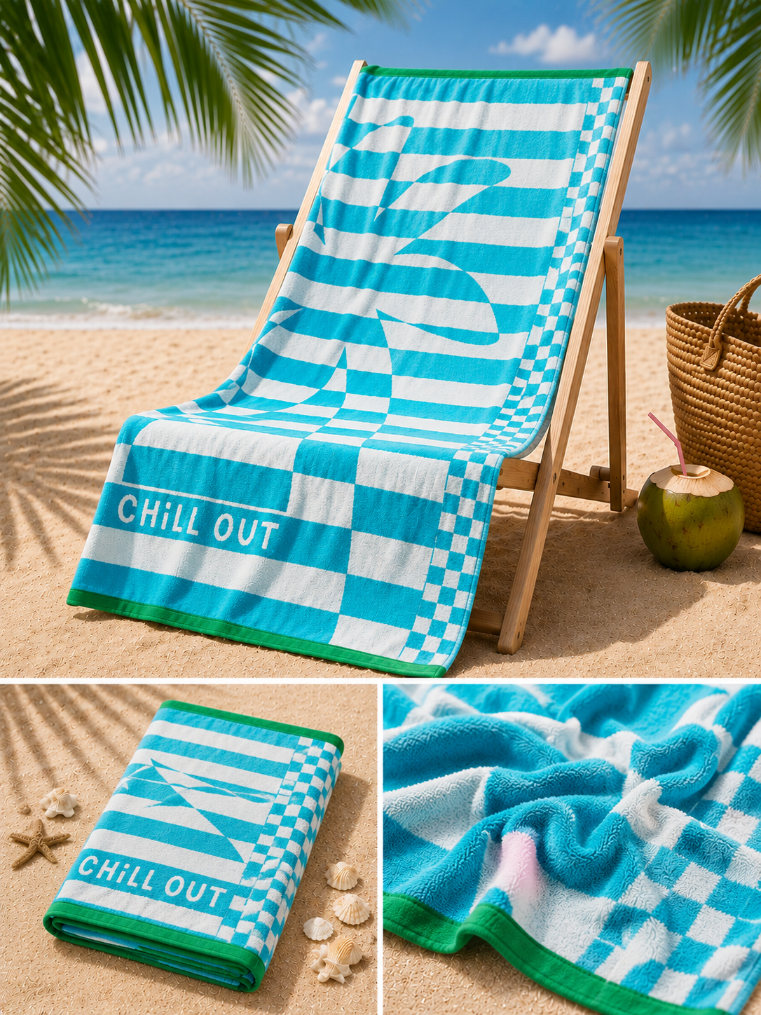 Paplūdimio rankšluostis "Chill out" turkio spalvos. Dydis 100x160.