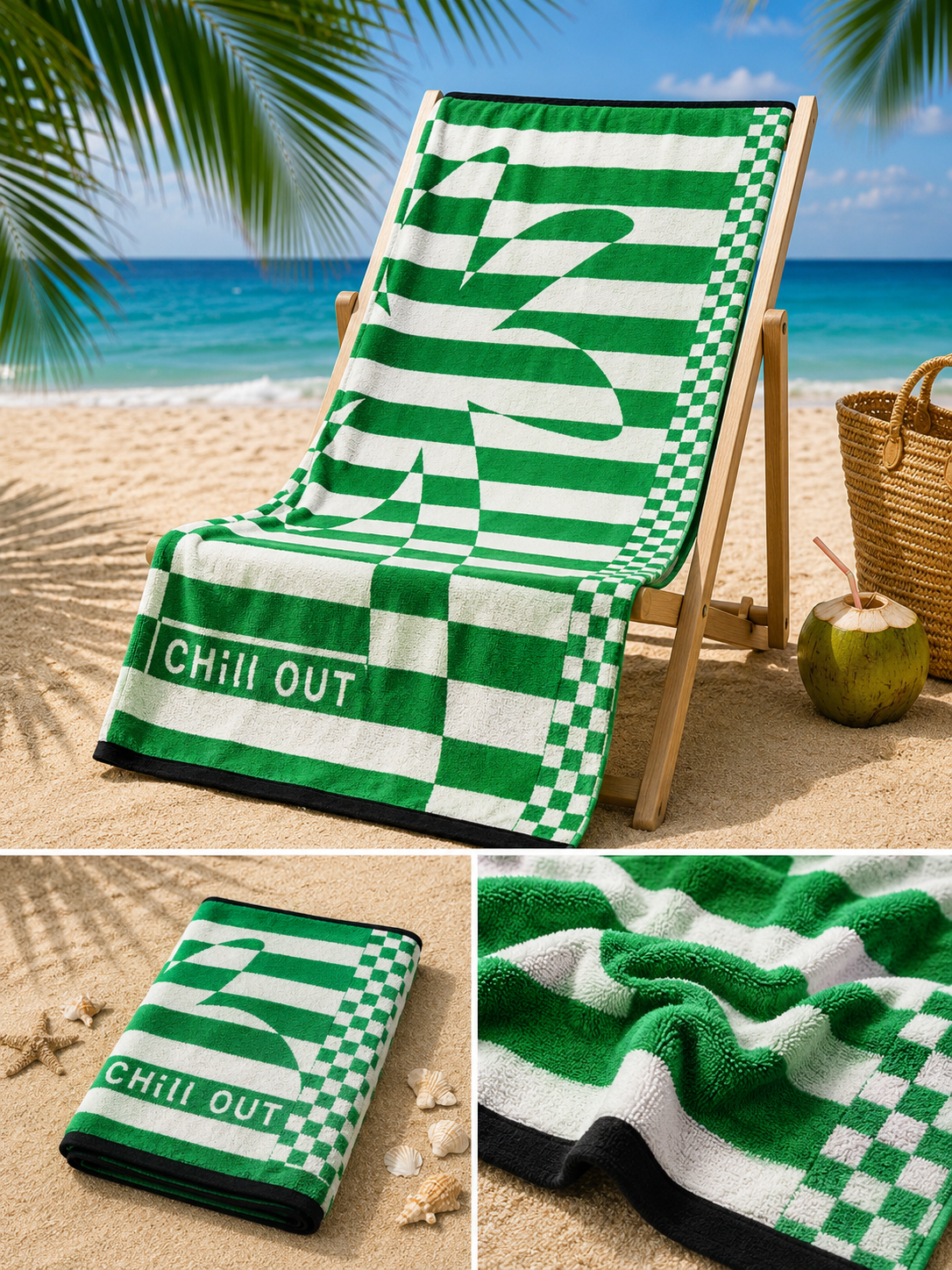 Paplūdimio rankšluostis "Chill Out" žalios spalvos. Dydis 100x160.