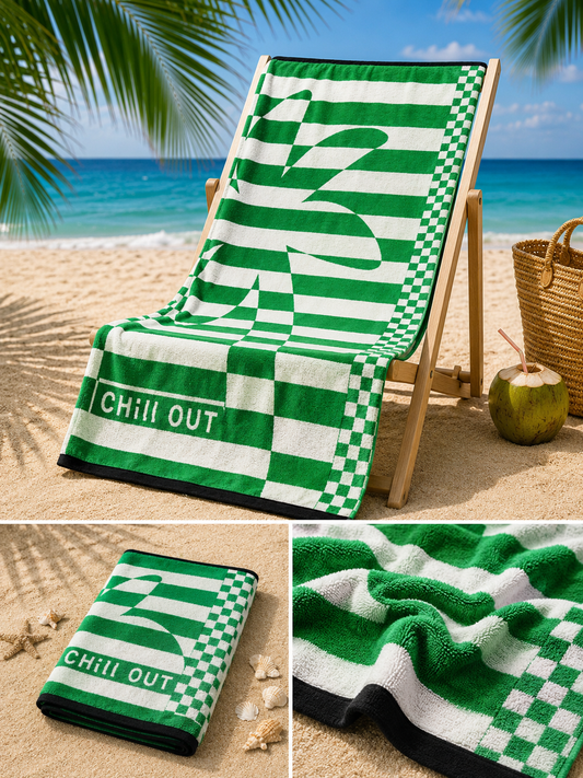Paplūdimio rankšluostis "Chill Out" žalios spalvos. Dydis 100x160.