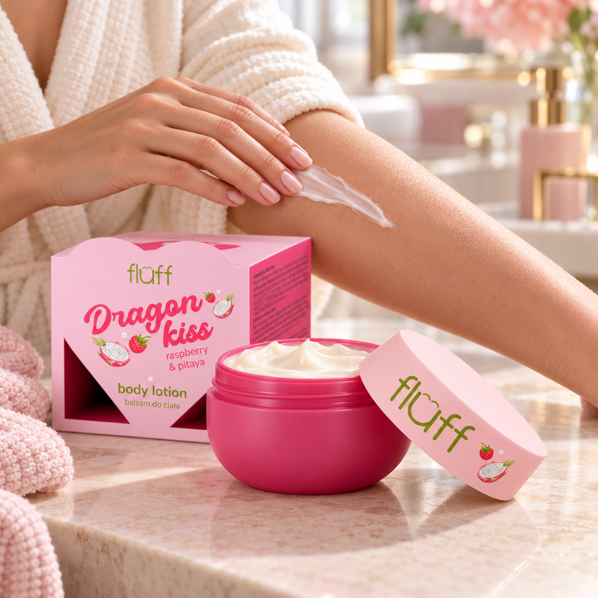 FLUFF - "DRAGON KISS" kūno losjonas su avietėmis ir pitaja 150ml.