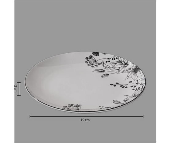 Balta lėkštė su juodomis gėlėmis