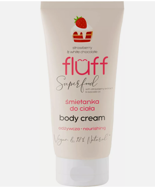 Fluff Superfood Strawberry & White Chocolate - veganiškas, maitinantis kūno kremas 150ml.