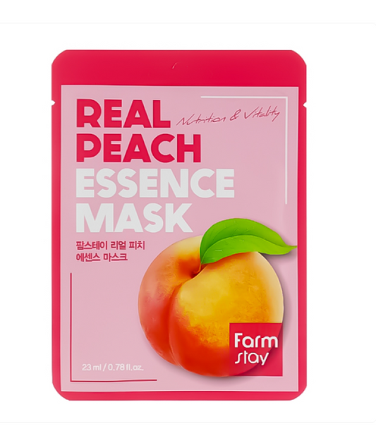 „FarmStay Real Peach Essence Mask“ lakštinė veido kaukė su persikų ekstraktu.