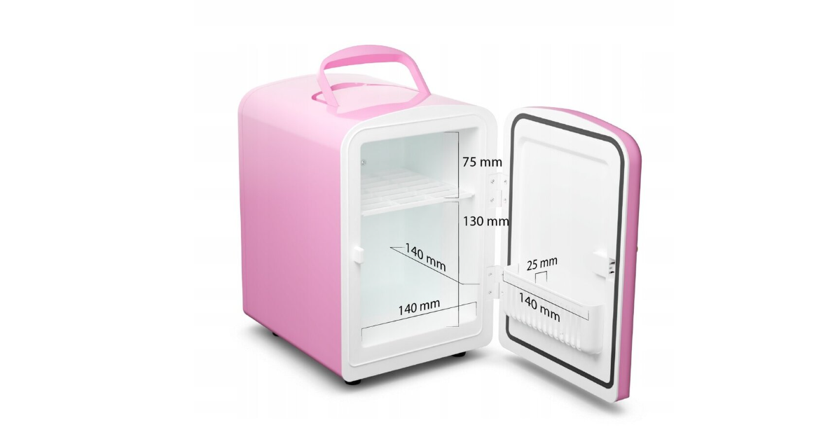"Fluff" mini kosmetikos šaldytuvas. Rožinės spalvos su aukso spalvos rankenėlėmis.