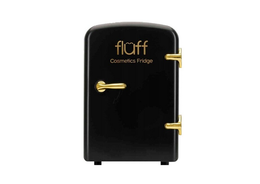 "Fluff" mini kosmetikos šaldytuvas. Juodos spalvos su aukso spalvos rankenėlėmis.