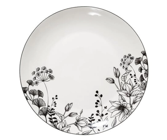 Balta lėkštė su juodomis gėlėmis