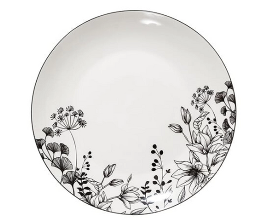 Balta lėkštė su juodomis gėlėmis