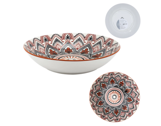 Mandala dubuo sriubai su oranžinės-raudonos spalvos raštais