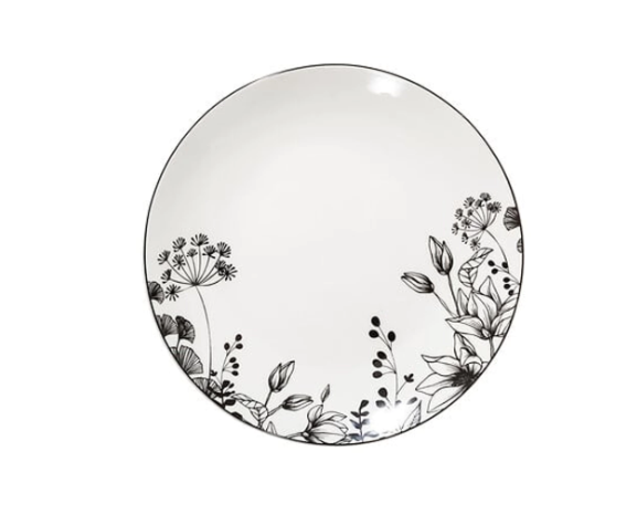 Balta lėkštė su juodomis gėlėmis