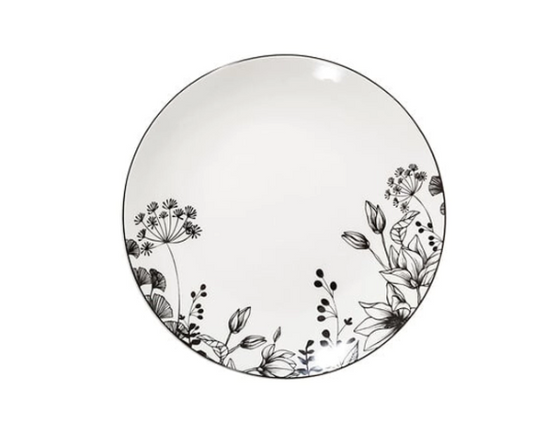 Balta lėkštė su juodomis gėlėmis