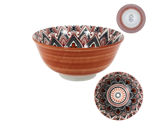 Mandala dubuo sriubai su oranžinės-raudonos spalvos raštais