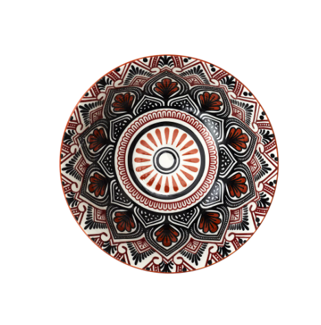 Mandala dubuo sriubai su oranžinės-raudonos spalvos raštais