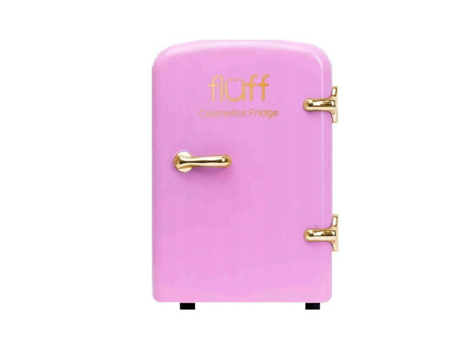 "Fluff" mini kosmetikos šaldytuvas. Rožinės spalvos su aukso spalvos rankenėlėmis.