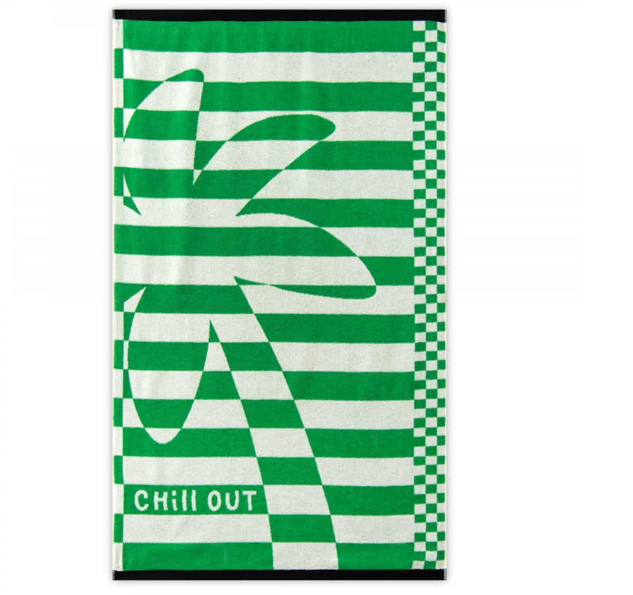 Paplūdimio rankšluostis "Chill Out" žalios spalvos. Dydis 100x160.